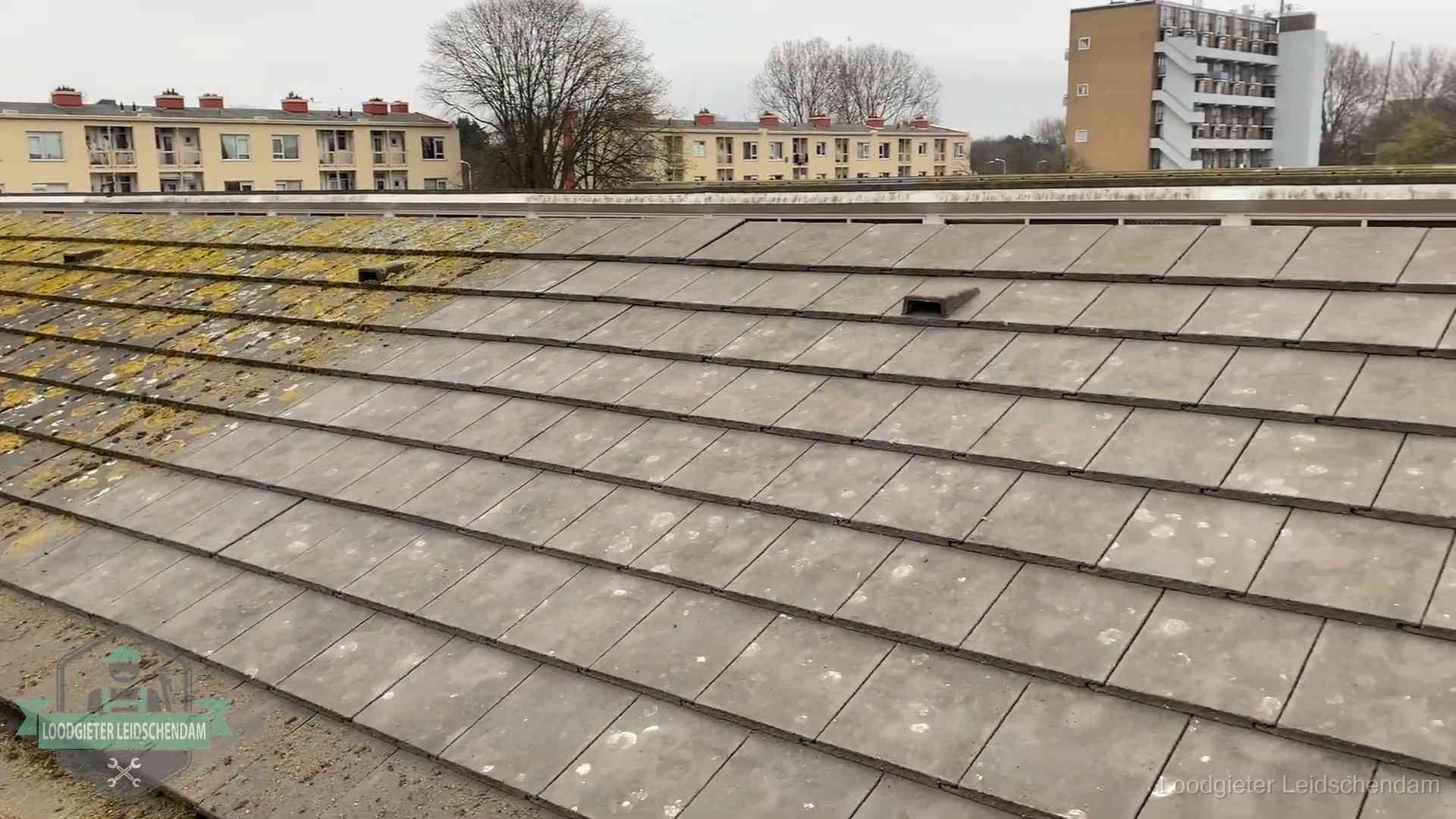 Dakpannen op een schuin dak in Leidschendam Schuin dak met betonpannen vol mos in Leidschendam, een risico op lekkage bij de pannen